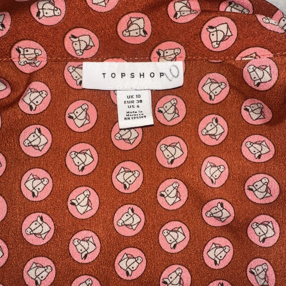 Topshop‎ Horse Coin Print Long Sleeve Midi Dress Orange Geometric Womens Sz 10 - Picture 8 of 9